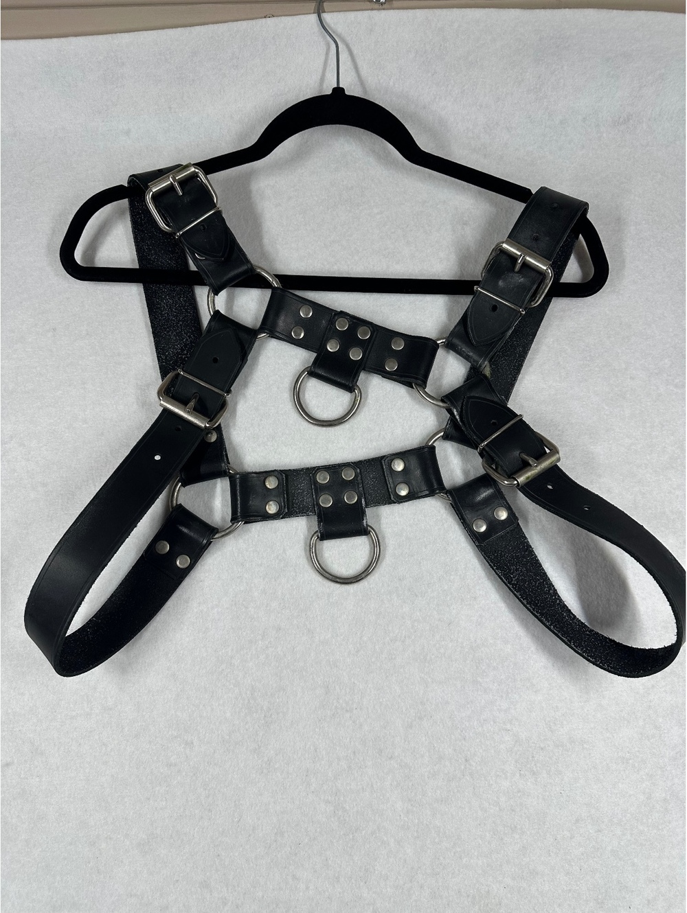 Black Leather Adjustable Harness with Metal Rivets and D-Rings